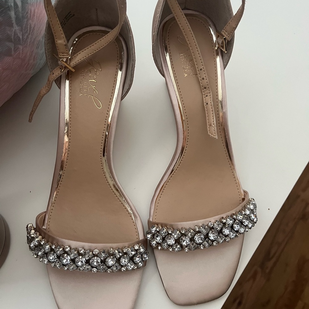 Jewel Badgley Mischka Blush Satin Heels with Crystal Embellishments